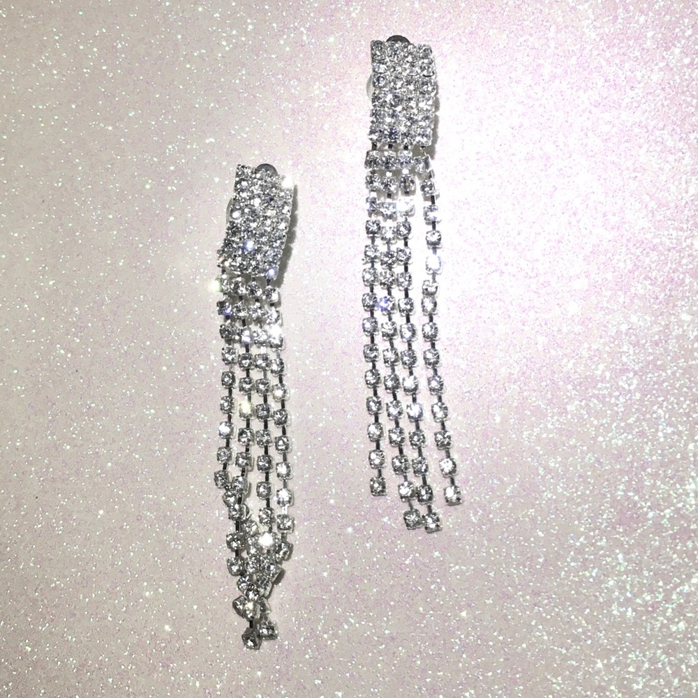 Statement Vintage Holiday Earrings Rhinestone Drop Fringes Tassels